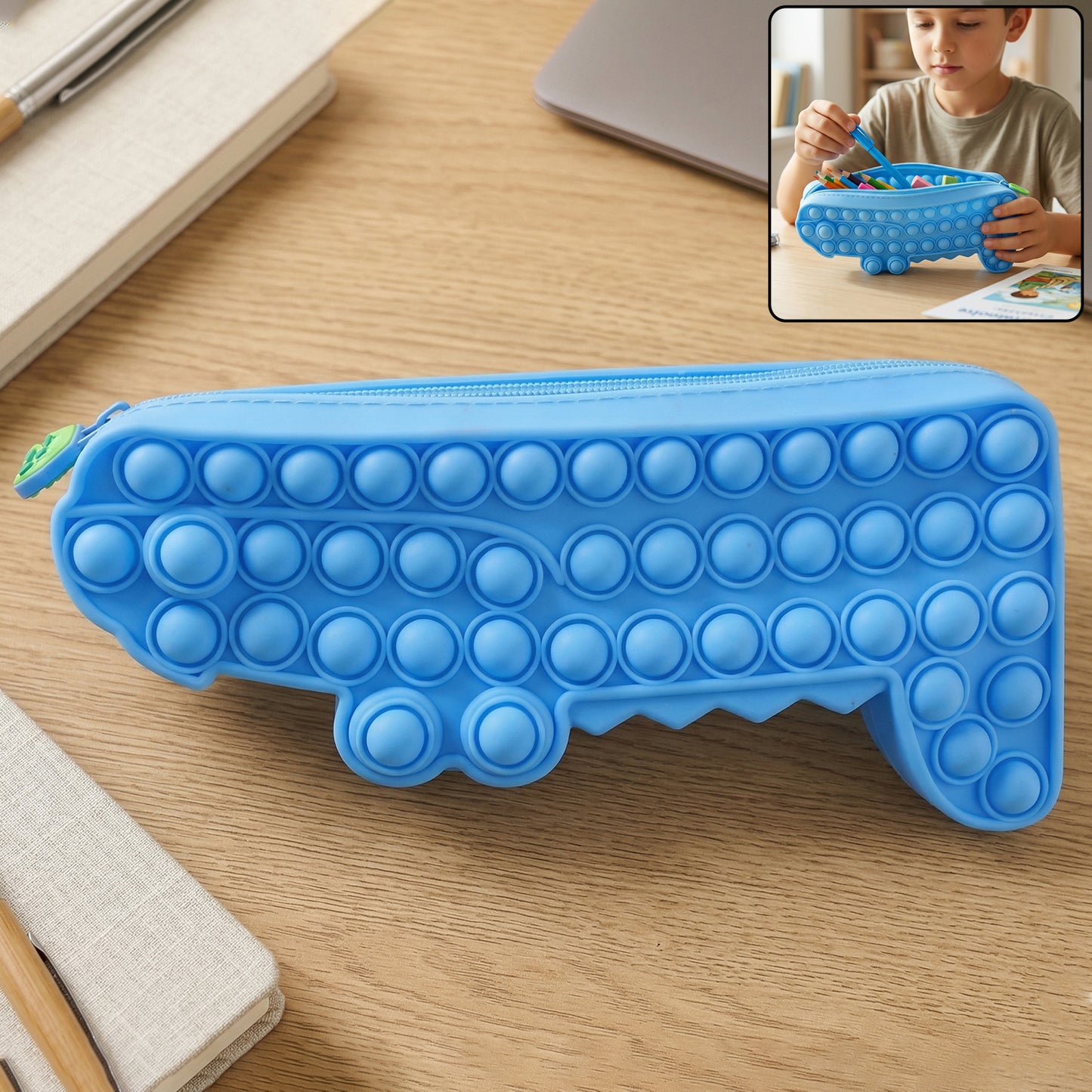 Cartoon crocodile shaped Pop It silicone pencil pouch