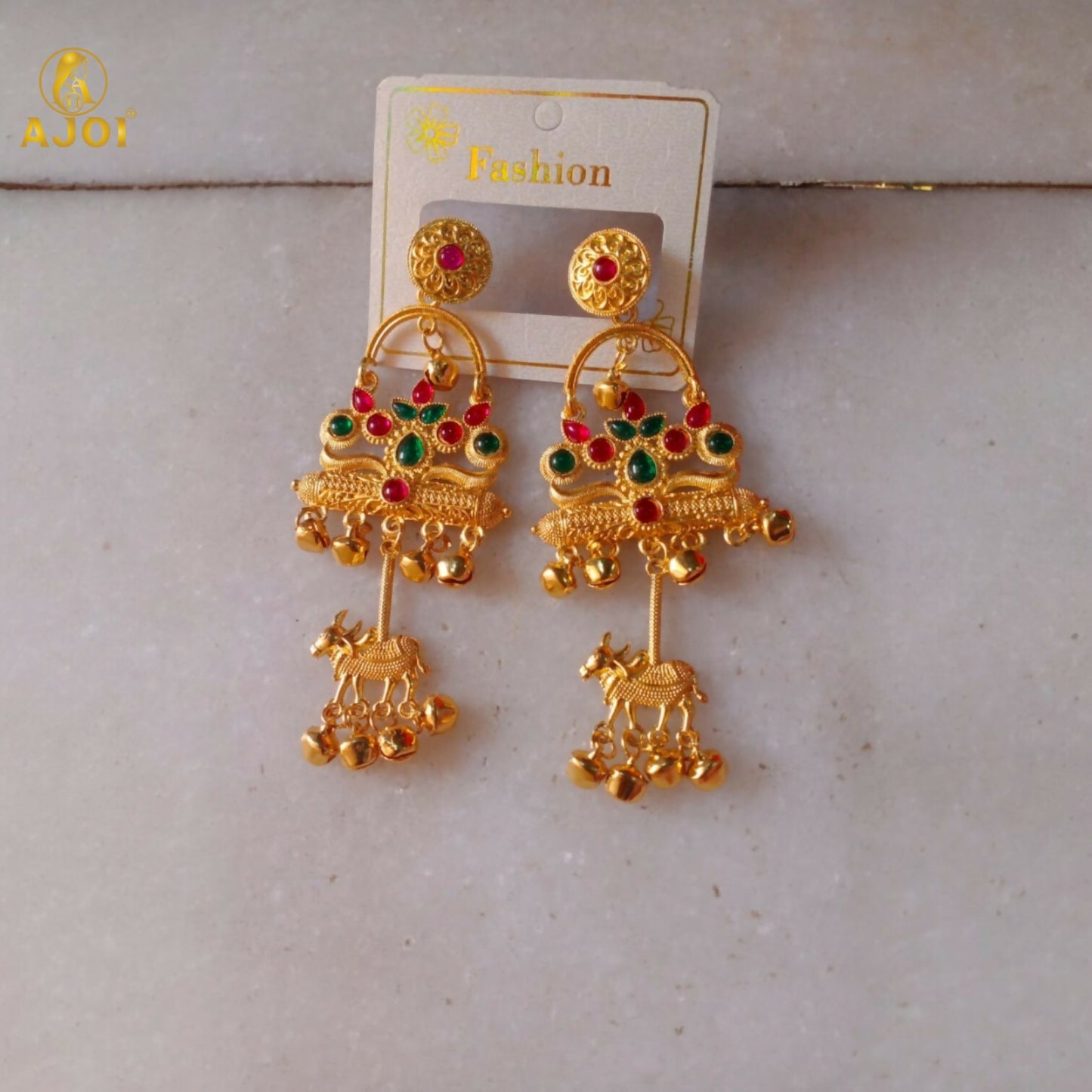 Antique Gold-Plated Red & Green Stone Tribal Drop Earrings with Cow Earrings