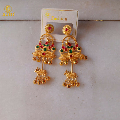 Antique Gold-Plated Red & Green Stone Tribal Drop Earrings with Cow Earrings