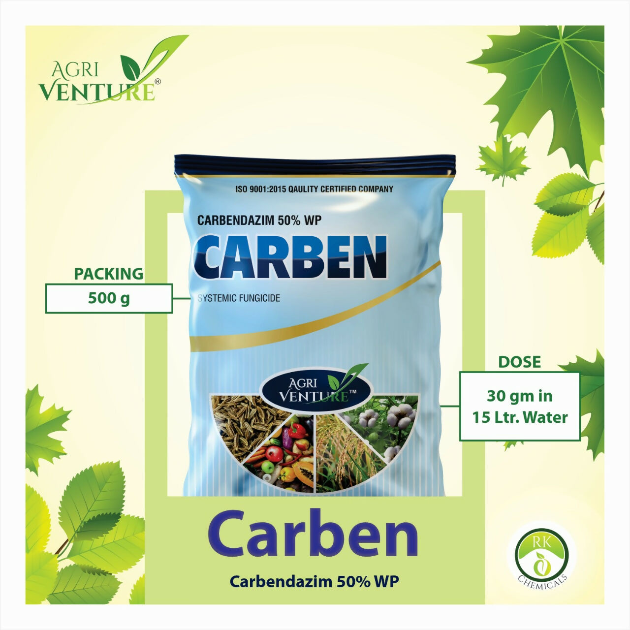 Carbendazim 50% WP fungicide packaging with brand logo