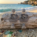 Silver Plated Oxidized Imitation Radha Krishna Peacock Boat Motif Jhumka Earrings