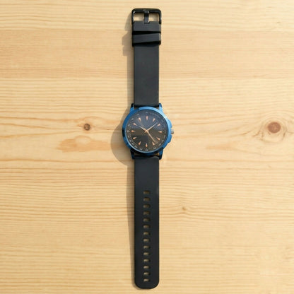 Blue bezel watch with sunburst dial and three hands