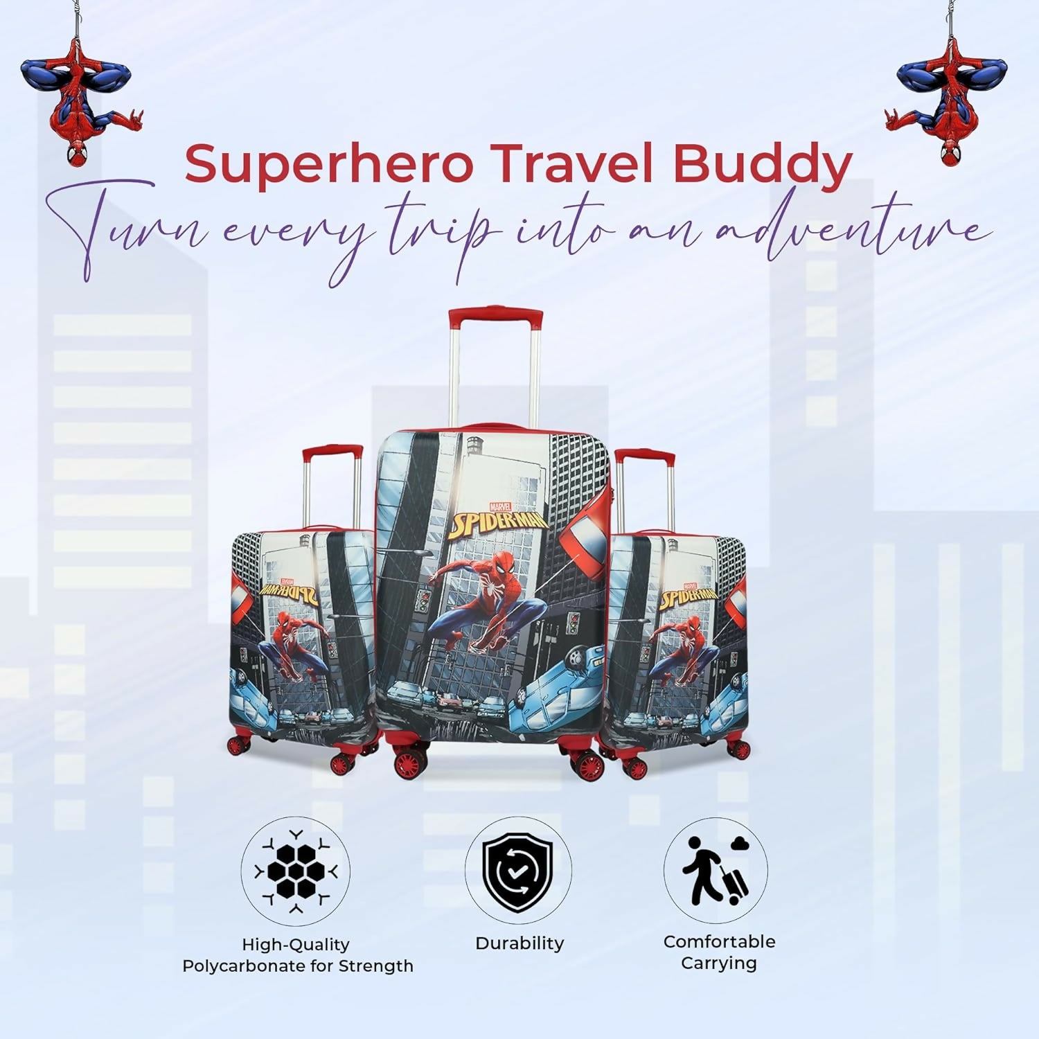 Novex Marvel Spiderman Kids Polycarbonate Trolley Bag for Boys Travel Luggage with 4 Spinner Wheel (22 Inch)