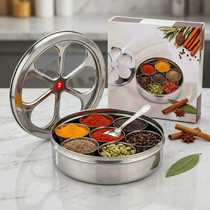 Top view of masala dabba showing airtight lids on bowls