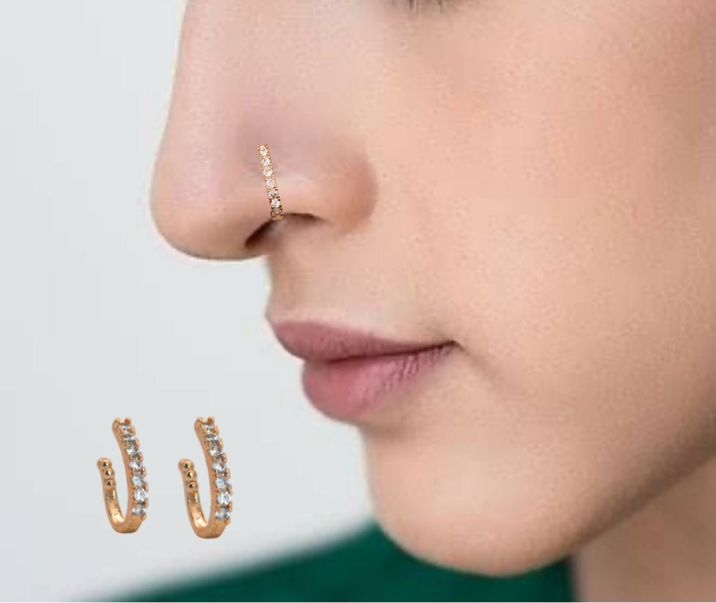 Rose Gold Plated CZ Stone Studded Adjustable Nose Ring Combo Pack of 2