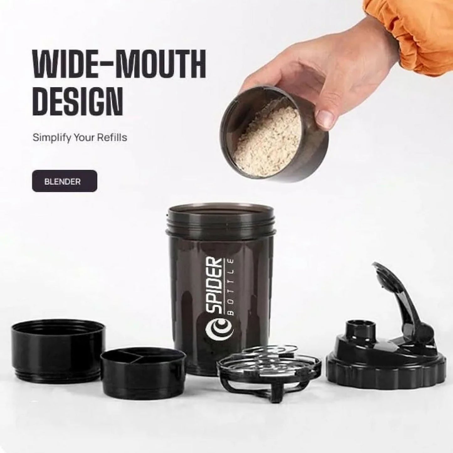 Protein shaker bottle showing compartments