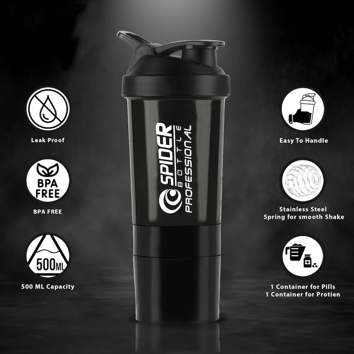 Gym protein shaker bottle angled view