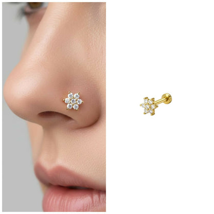 Gold plated crystal flower nosepin with flat back labret design on white background