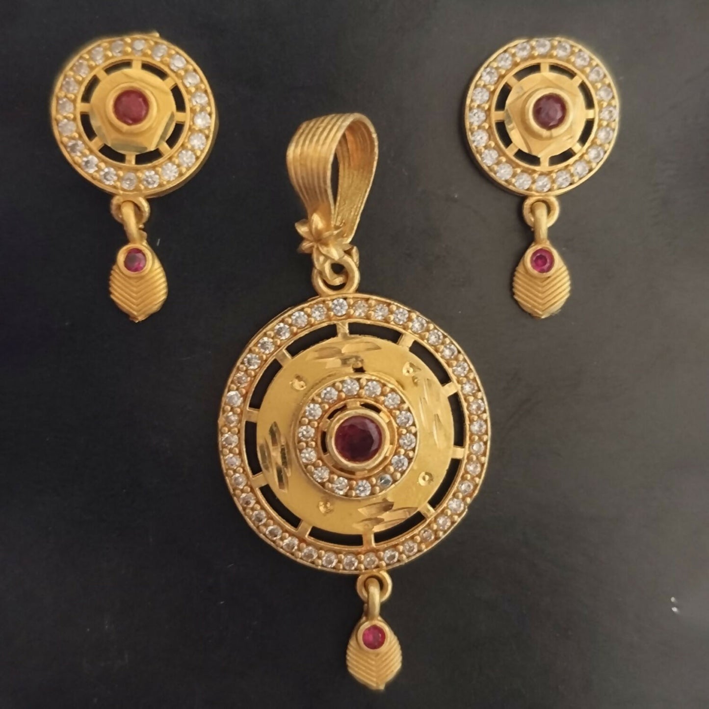 Gold-Tone Fashion Pendant Necklace Set with Ruby Accents and Matching Stud Earrings