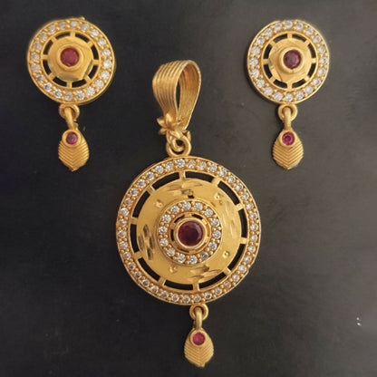 Gold-Tone Fashion Pendant Necklace Set with Ruby Accents and Matching Stud Earrings