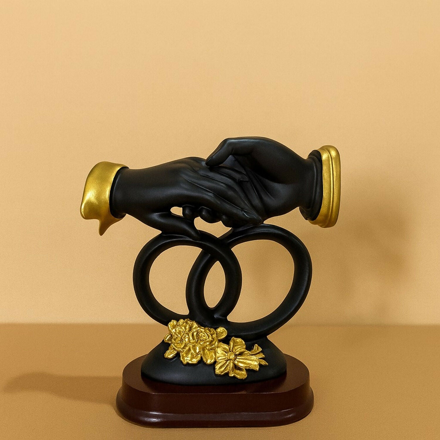 Luxury Black & Gold Handshake Figurine with Interlocked Rings & Floral Base | Romantic Couple Holding Hands Showpiece for Home Décor, Wedding Gift, Anniversary Gift, Office Desk & Living Room Decoration