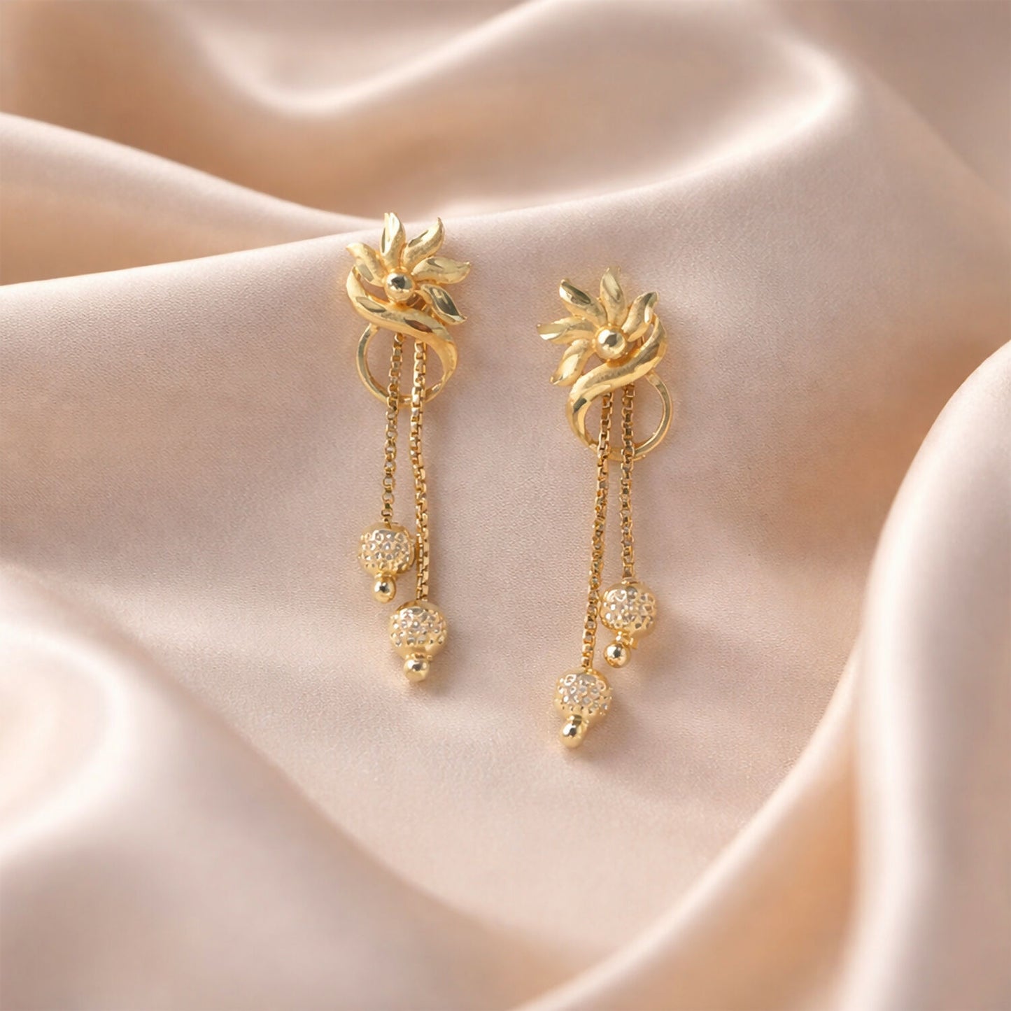 Graceful Flower Crown Gold Dangle Earrings with Bead Drops and Chains (2 Pair)