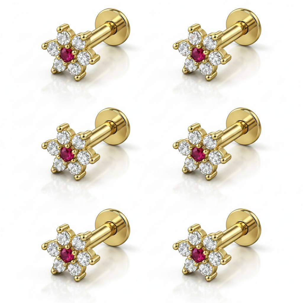Side view showing flat back post of ruby floral gold plated stud earring