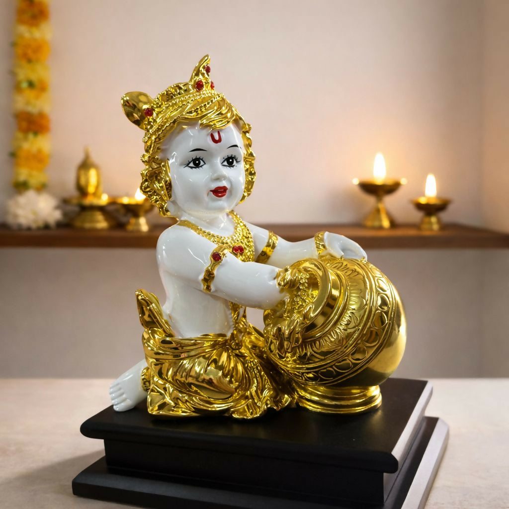 Side view of Bal Krishna statue with butter pot in golden finish