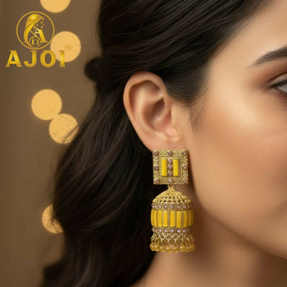 Royal Mustard Yellow Designer Earrings with Elegant Drop and Stone Detailing