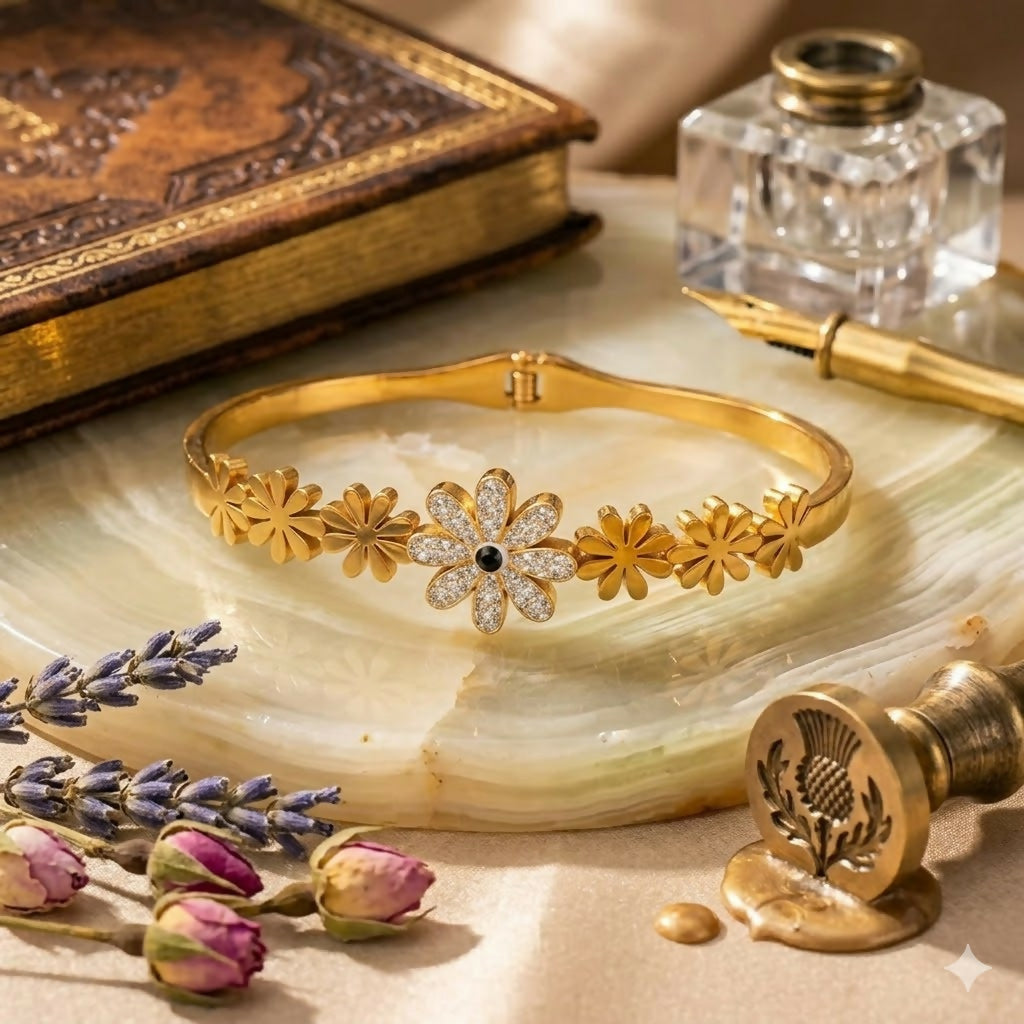 Close-up of flower segments on botanical kada bracelet