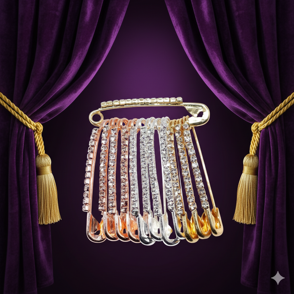 Multi-Tone Crystal Dangle Saree Pin Brooch - Mixed Metal Shawl Pin