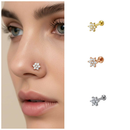 Gold, silver and rose gold plated Flower Labret AD nosepin Stud Combo Pack of 3