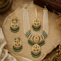 Traditional Gold Tone Green Pearl Long Necklace Set with Pendant & Matching Earrings