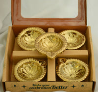 Floral Embossed Decorative Ceramic Diya with Gold PVD Plating & Glossy Metallic Finish (4 Pc)