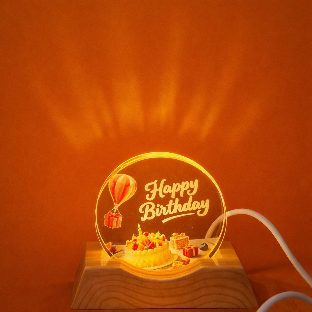 Happy Birthday Acrylic LED Lamp with Wooden Base Cake Theme Gift Light