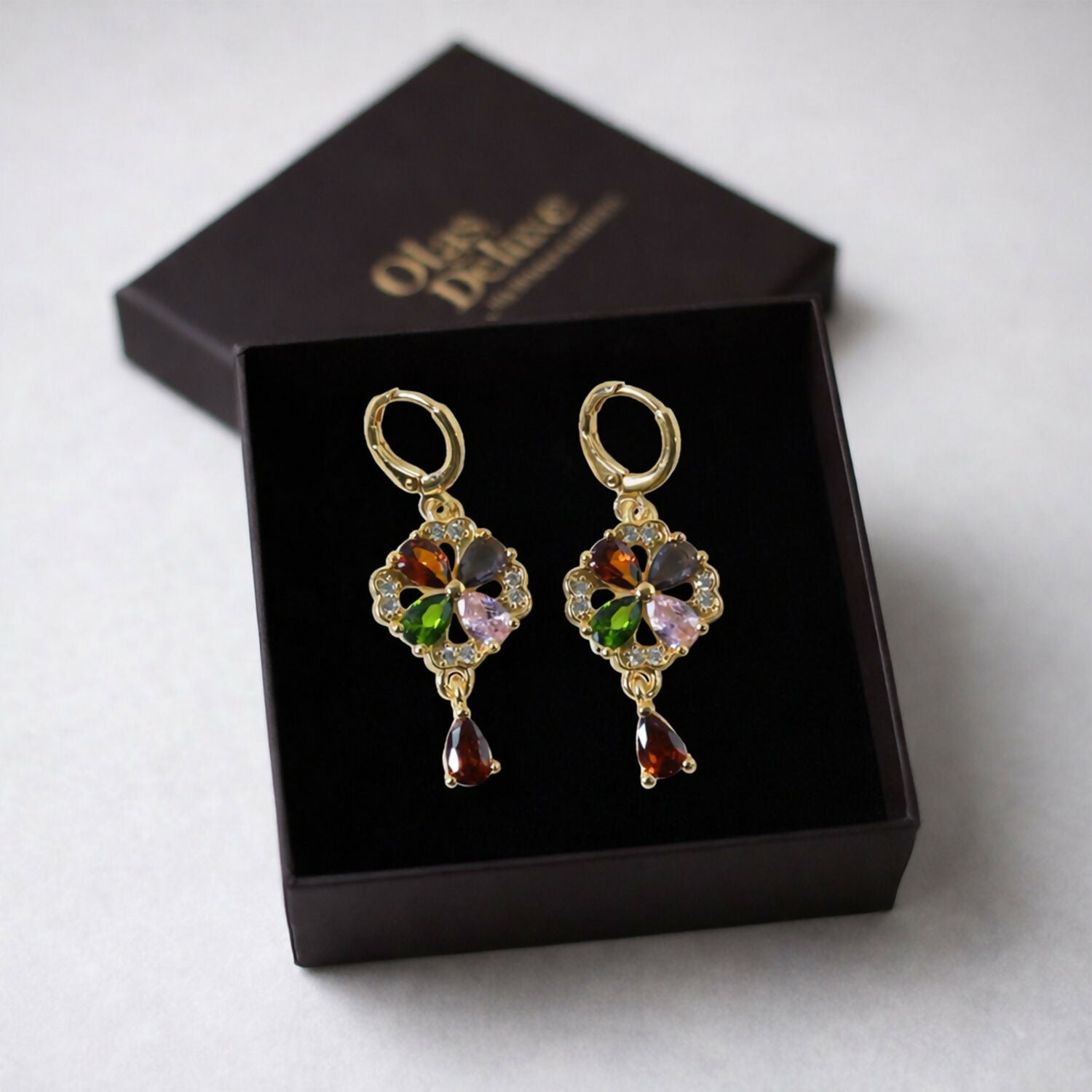 Gold-Tone Multicolor Crystal Floral Drop Hoop Earrings for Women