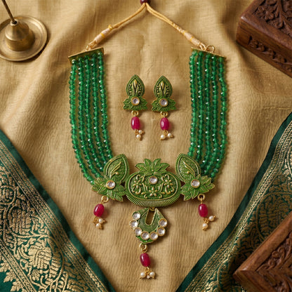Green beaded ethnic necklace with matching earrings