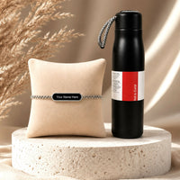 Personalized Name Engraved Silver Rakhi & Black Hot Cold Steel Flask Combo for Bhai