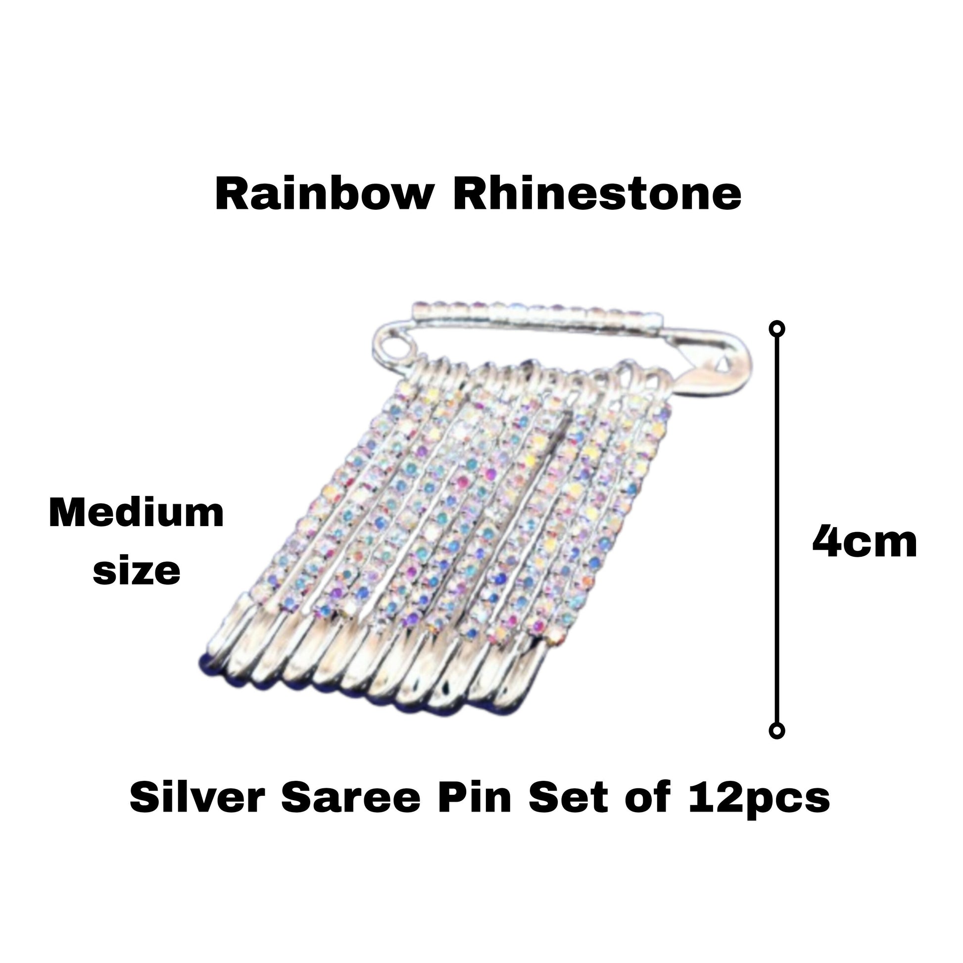 Rainbow Rhinestone Silver Saree Pin Brooch Set (12pcs, 4cm, Medium)