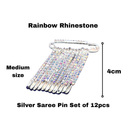 Rainbow Rhinestone Silver Saree Pin Brooch Set (12pcs, 4cm, Medium)