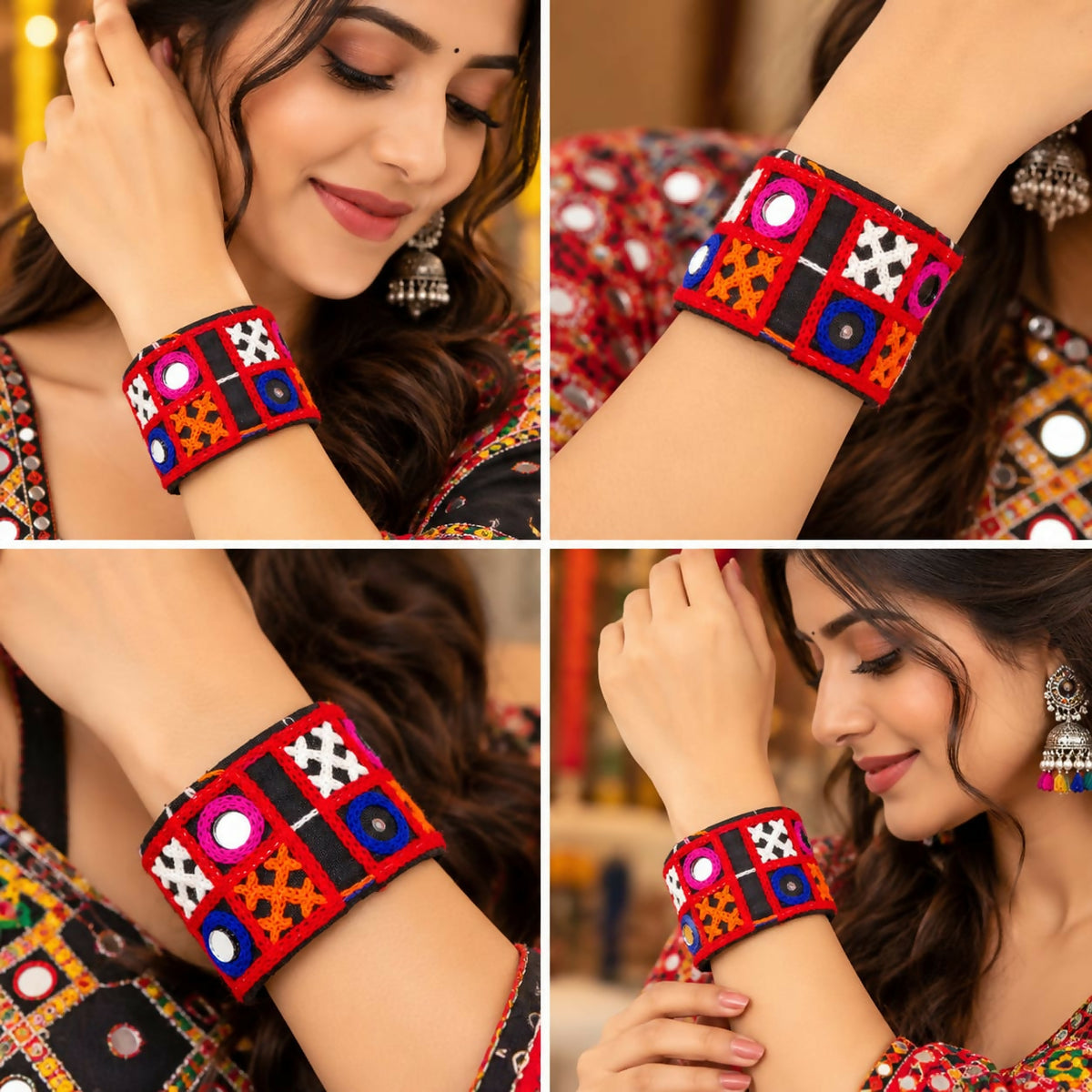 Collage of four images showing a woman wearing the colorful embroidered cuff bracelet on her wrist from different angles.