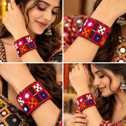 Collage of four images showing a woman wearing the colorful embroidered cuff bracelet on her wrist from different angles.