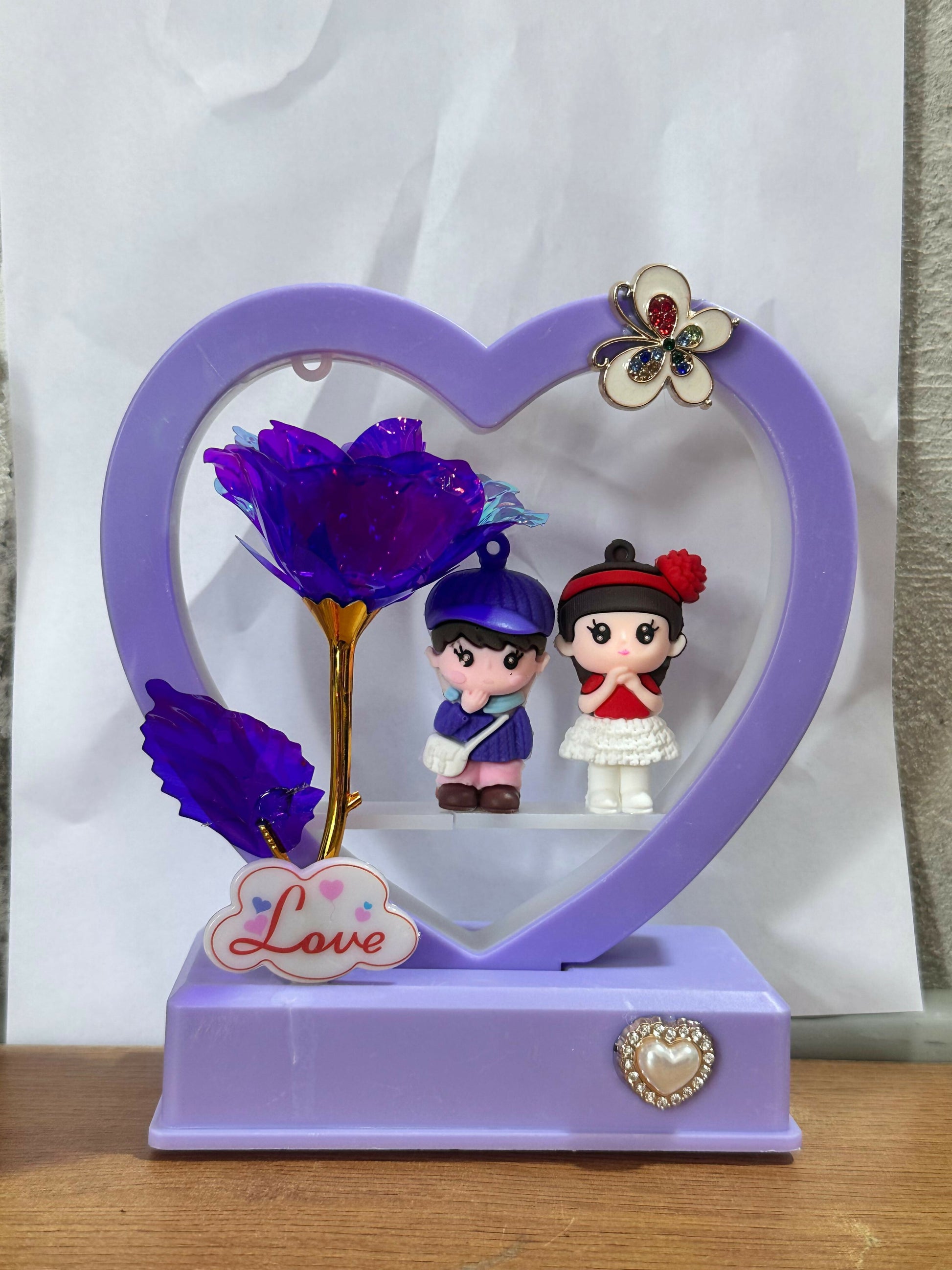 Heart Shape LED Love Lamp with Golden Stem Purple Rose & Cute Romantic Couple Figurines | Decorative Night Light Gift for Anniversary, Valentine, Bedroom & Home Decor