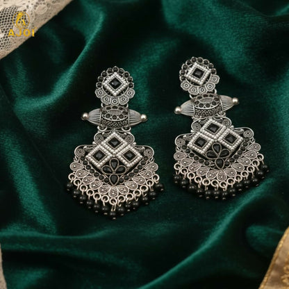 Oxidized silver chandbali earrings with black stones