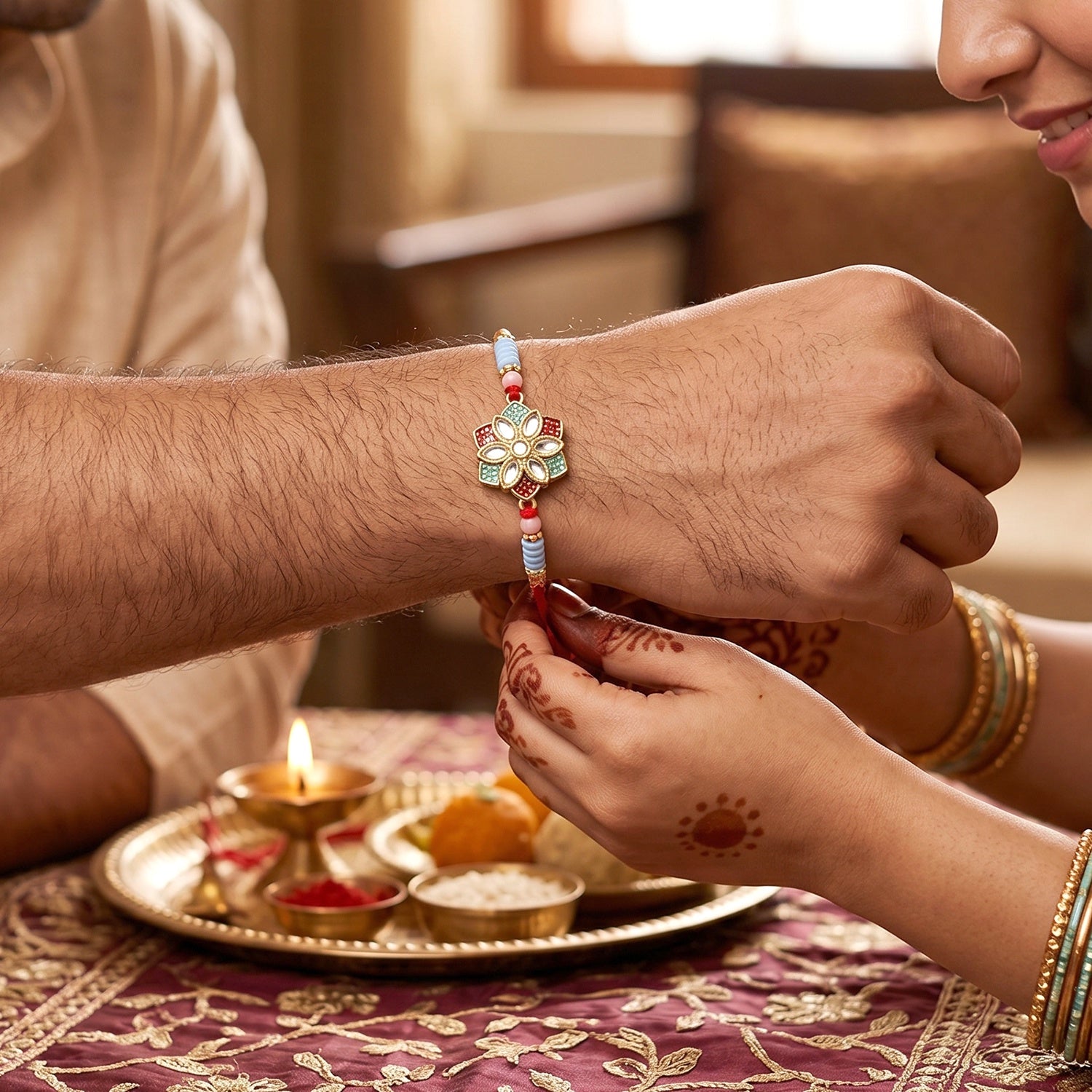 Floral Kundan Star Petal Designer Rakhi for Raksha Bandhan