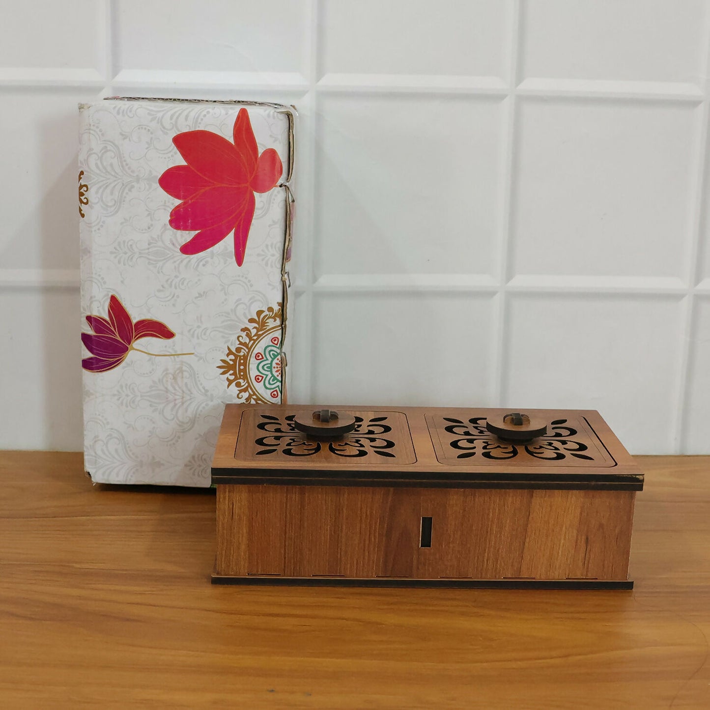 Wooden dry fruit box with removable lids showcasing elegant floral carving