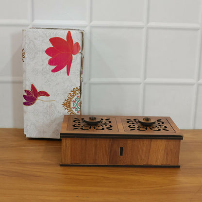 Wooden dry fruit box with removable lids showcasing elegant floral carving