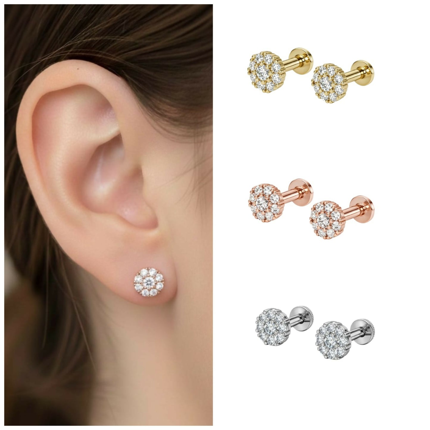 Close-up of gold plated flower flat back AD stud earrings with threaded back for comfort