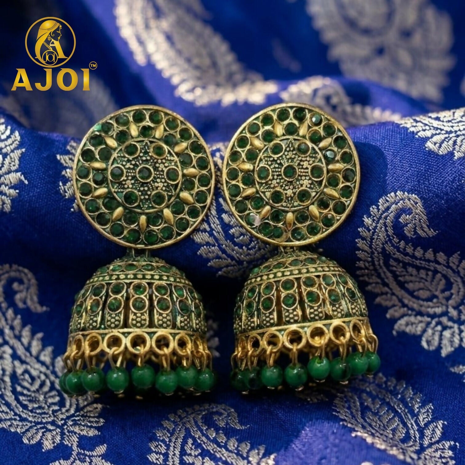 Antique Gold Green Stone Jhumka Earrings Traditional Ethnic Jewelry