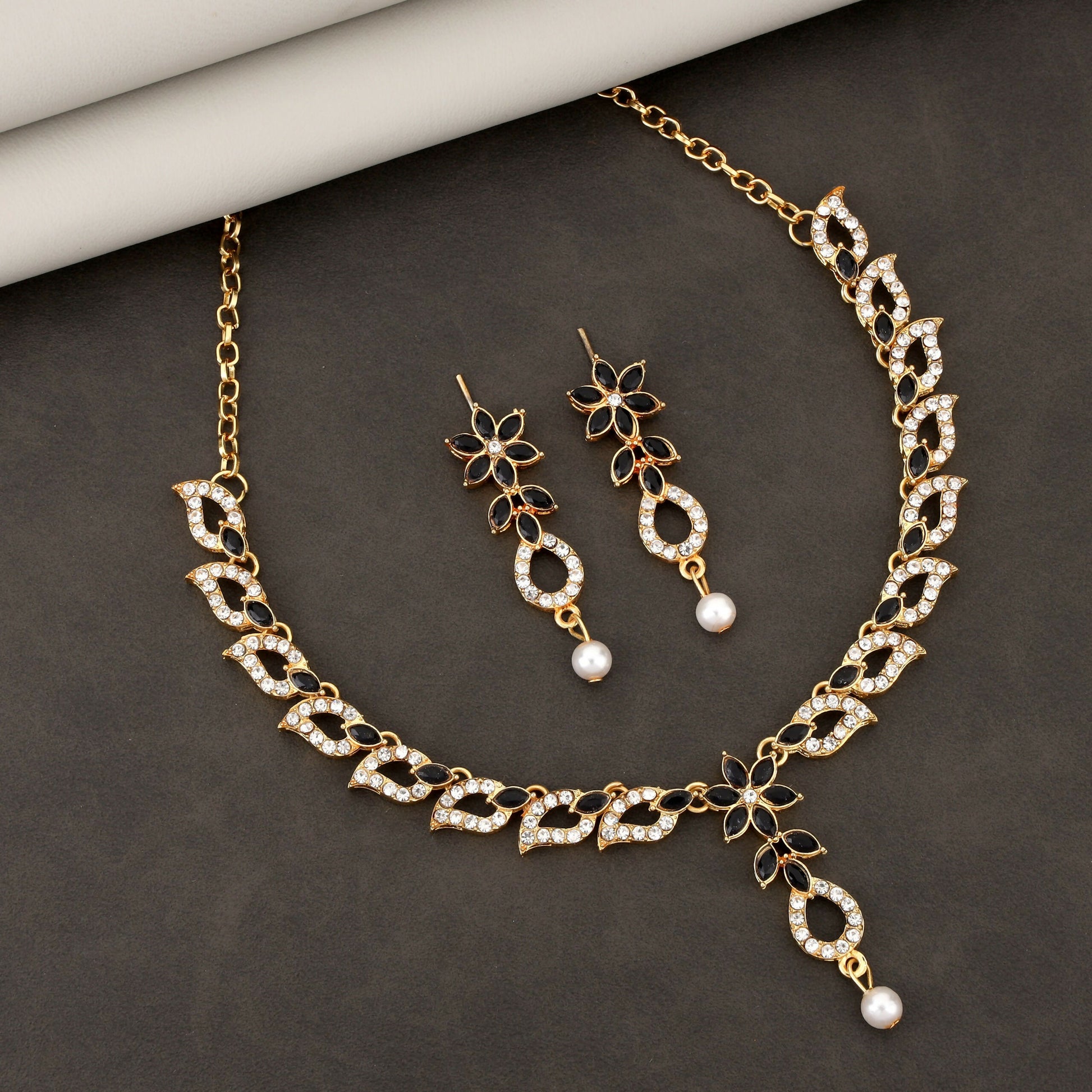 Elegant Black & White Crystal Flower Necklace Set with Pearl Drop