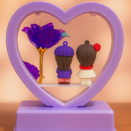 Heart Shape LED Love Lamp with Golden Stem Purple Rose & Cute Romantic Couple Figurines | Decorative Night Light Gift for Anniversary, Valentine, Bedroom & Home Decor