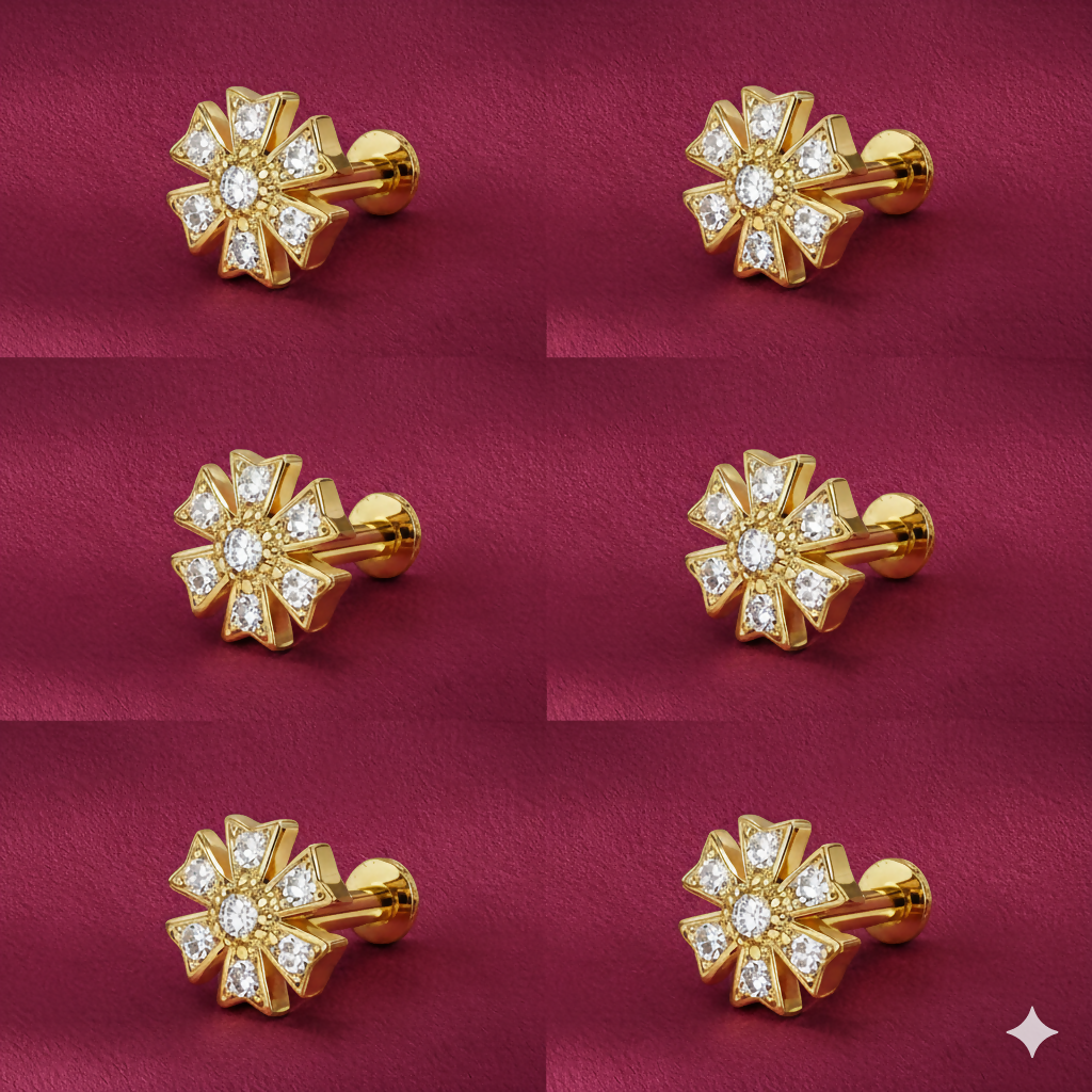 Gold plated floral flat back stud earrings with pavé-set crystals