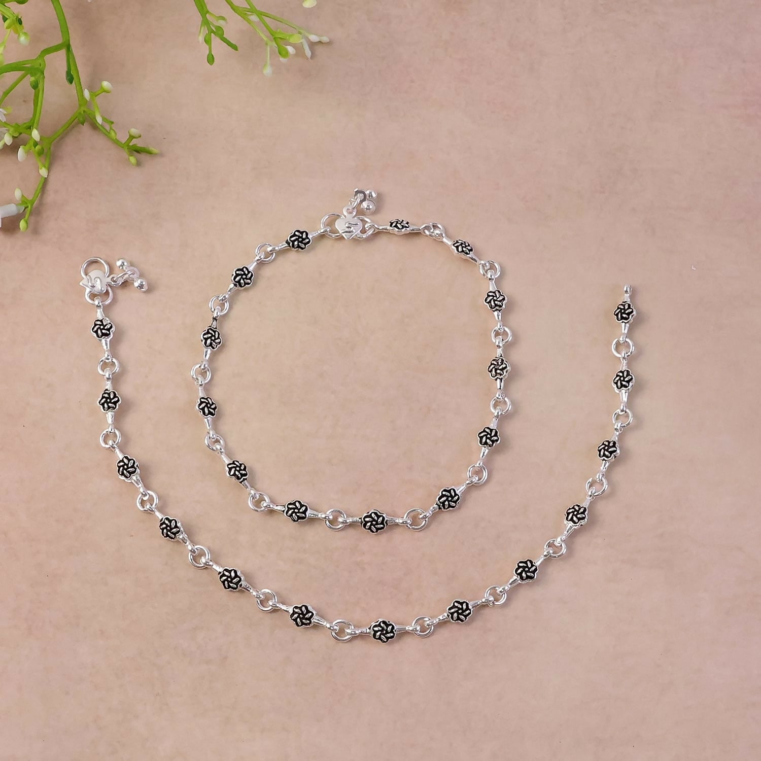 Silver Floral Link Anklet Pair with Classic Charm