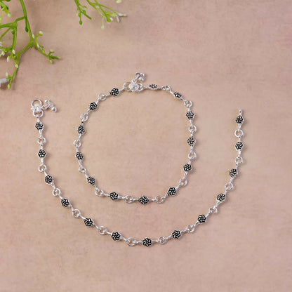 Silver Floral Link Anklet Pair with Classic Charm