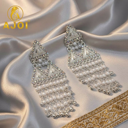 Royal Pearl Drop Silver Designer Earrings with Elegant Dangling Tassels