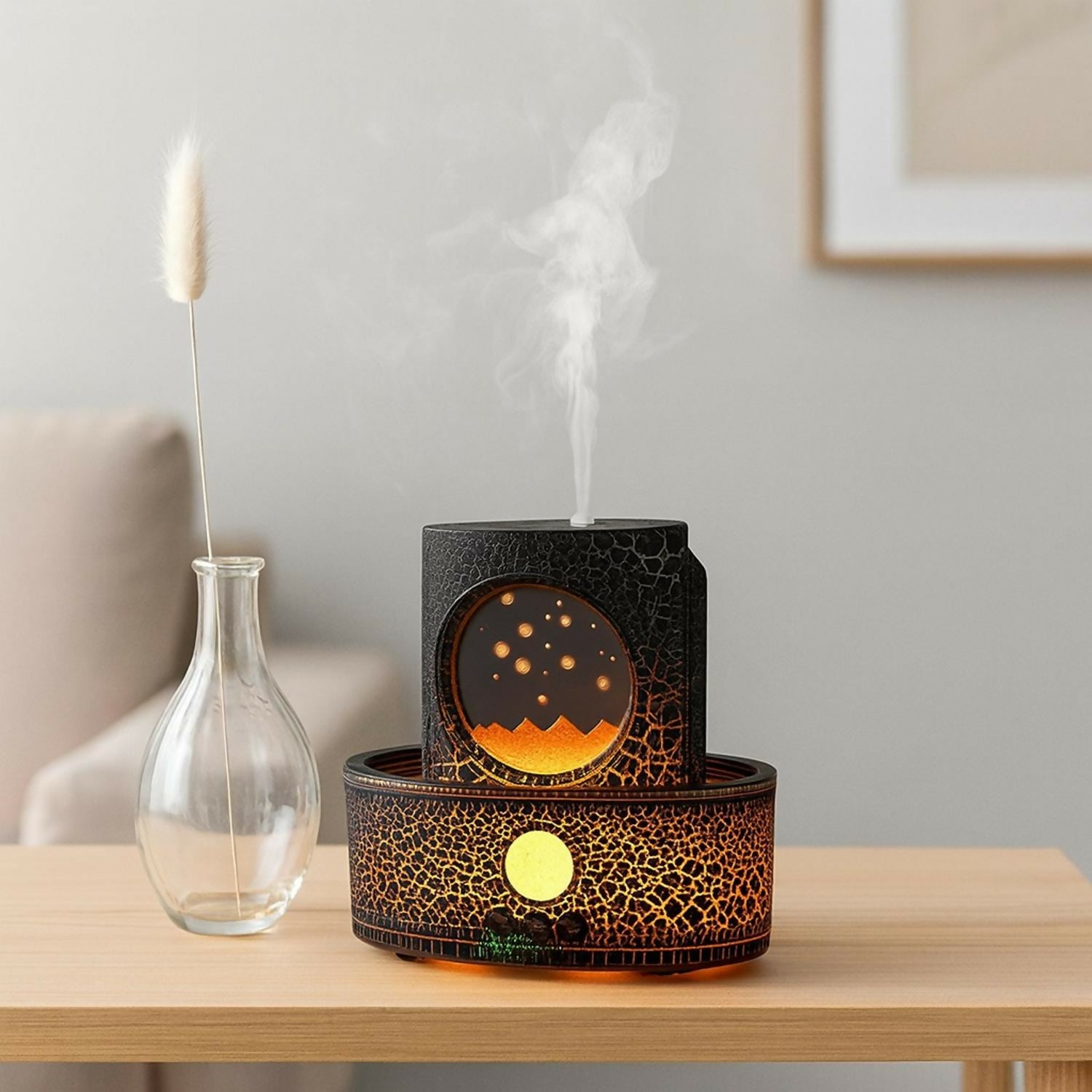 Mountain Scene Aroma Diffuser with LED Flame & Mist | Crackle Design Humidifier