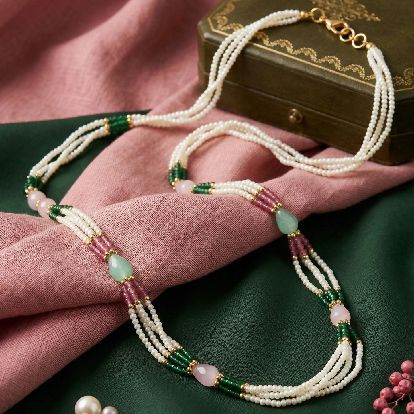 Detailed view of pastel stones in pearl necklace