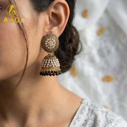 Antique Gold Pearl Jhumka Earrings with Black Bead Drop for Ethnic Wear