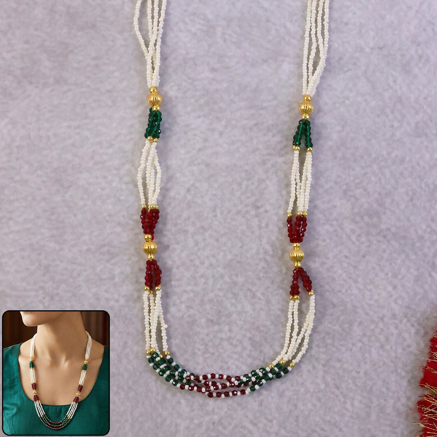 Handmade multi-strand pearl mala necklace with red and green bead accents