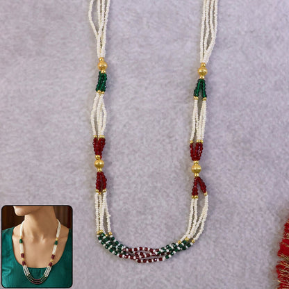 Handmade multi-strand pearl mala necklace with red and green bead accents